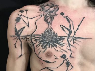 Tattoo by Servadio #Servadio #blackwork #illustrative #fineline #linework #fire #campfire #skeleton #snake #smoke #landscape #magic