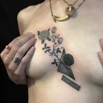 Tattoo by Servadio #Servadio #blackwork #illustrative #fineline #linework #flower #floral #shapes #triangle #sphere #carnation #rose