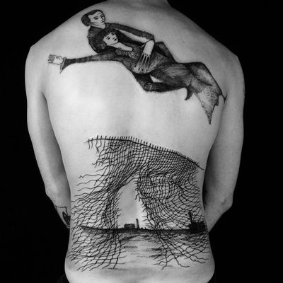 Tattoo by Servadio #Servadio #blackwork #illustrative #fineline #linework #chainlinkfence #fence #landscape #house #buildings #chagall #fineart #portrait #dream #surreal