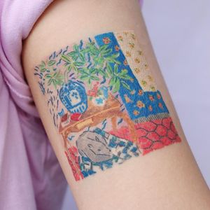 Tattoo by Gong Greem #GongGreem #finearttattoos #finearttattoo #fineart #painting #Matisse #watercolor #replica #color #impressionism #dog #plant #floral #pattern