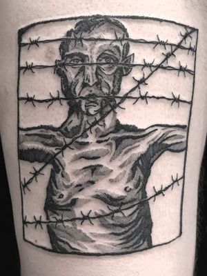 Tattoo by Servadio #Servadio #blackwork #illustrative #fineline #linework #body #portrait #barbedwire #fence