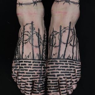 Tattoo by Servadio #Servadio #blackwork #illustrative #fineline #linework #bricks #fence #wall #shards #barbedwirefence