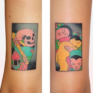 Tattoo by Brindi #Brindi #finearttattoos #finearttattoo #fineart #painting #klimt #newschool #skull #death #reaper #family #love #popart