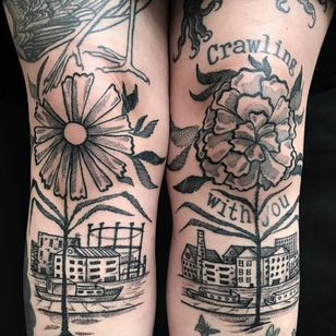 Tattoo by Servadio #Servadio #blackwork #illustrative #fineline #linework #house #flowers #floral #daisy #nice #buildings #houseboat #boat # River # Landscape