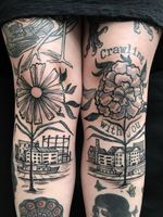 Tattoo by Servadio #Servadio #blackwork #illustrative #fineline #linework #house #flowers #floral #daisy #carnation #buildings #houseboat #boat #river #landscape