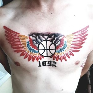 Basketball tattoo, Wings, Colored, 1992