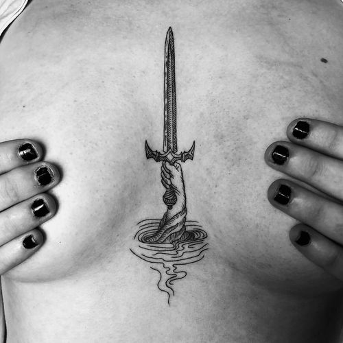 Tattoo by Alchemy Noire #AlchemyNoire #fantasytattoo #fantasytattoos #fantasy #magic #sword #wizard #lake #ladyofthelake #excalibur #knife #fairytale #legend #etching #illustrative #linework #fineline
