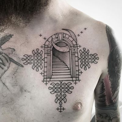 Tattoo by Johno #Johno #fantasytattoo #fantasytattoos #fantasy #magic #stairway #portal #moon #pattern #linework #illustrative #door #dotwork #fairytale #legend