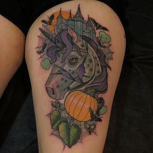 Tattoo by Jody Dawber #JodyDawber #fantasytattoo #fantasytattoos #fantasy #magic #Halloween #pumpkin #spiderweb #color #neotraditional #unicorn #castle #bats #moon #fairytale