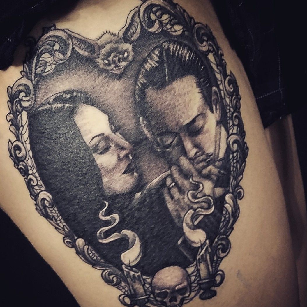 Addams Family Tattoo of Morticia and Gomez The Lovers Tarot Card  Family  tattoos Sleeve tattoos for women Tattoos