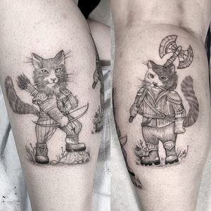 Tattoo by Anka #Anka #fantasytattoo #fantasytattoos #fantasy #magic #DND #dungeonsanddragons #cat #kitty #warrior #knights #soldier #bowandarrow #axe #armor #illustrative #linework #fineline