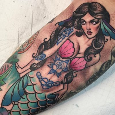 Tattoo by Ly Aleister #LyAleister #oceanlifetattoos #oceanlife #ocean #nature #wildlife #animal #water #tattooedgirl #mermaid #lady #pinup #shells #heart #rose #color #newschool #neotraditional