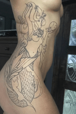 Mermaid with a skull...my first tattoo. Color will be added next month. Original design and tattoo by Josh Keyser at Revolution Ink in Pelham, AL. #mermaid #mermaidtattoo #skull #neotraditional #Artnouveau