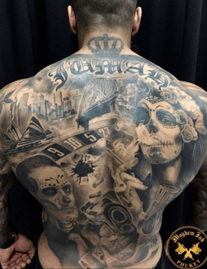 Custom designed chicano day of the dead back piece with sydney harbour bridge and oprea house 