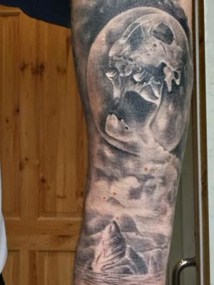 Skull moon with island, stage 2 of full sleeve. 