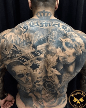 Custom chicano / Day of the dead back piece with sydney oprea house and harbour bridge 