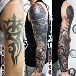 Cover up arm sleeve Tattoo. Black and Grey style. #blackandgrey #blackandgreytattoo #realistic #realistictattoo #chicano #chicanotattoo #armsleeve #sleeve #coverup #recover #patong #phuket #thailand