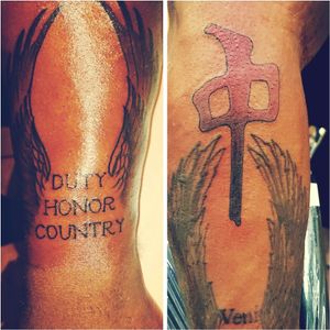 The wings on the left "duty honor country" is for my hometown West Point New York AKA United States Military Academy.The tattoo on the right is the The Red Dragons logo. 