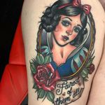 Tattoo by Sadee Glover #SadeeGlover #Disneytattoo #Disney #cartoon #animation #SnowWhite #portrait #text #script #quote #rose #flower #leaves #mirror