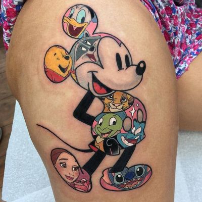 Tattoo by Jordan Baker #JordanBaker #Disneytattoo #Disney #cartoon #animation #MickeyMouse #Beautyandthebeast #LiloandStitch #PeterPan #LionKing #Aladdin #winniethepooh #Pocahontas