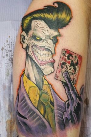 Would love to do more Villians or Hero's like this!!Full color joker done with #eternalinks about 4 years ago!#JokerTattoos #joker #DCTattoos #dccomics #VillainTattoos #colortattoo 