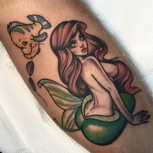 Tattoo by Ly Aleister #LyAleister #Disneytattoo #Disney #cartoon #animation #Mermaid #Ariel #TheLittleMermaid #pinup #babe #color #newschool #Illustrative #Flounder