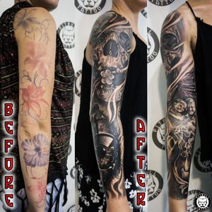 Cover up arm sleeve Tattoo. Black and Grey style. #blackandgrey #blackandgreytattoo #realistic #realistictattoo #armsleeve #sleeve #coverup #recover #patong #phuket #thailand