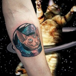 Inst. @bel.tattoo #cat #spacetattoo #sphynx #SphynxCat #neotraditionaltattoos #neotraditional #newschool #newschooltattoo #moscow #space 