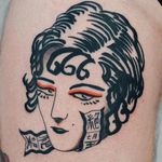 Tattoo by Antoine Larrey #AntoineLarrey #favoritetattoos #favorite #traditional #illustrative #ladyhead #portrait