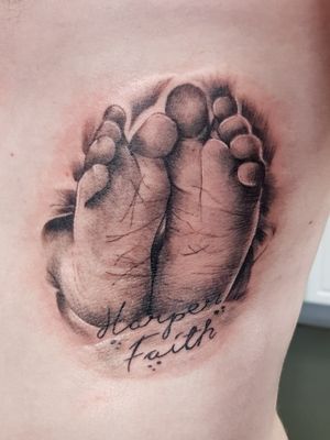 My Daughters Feet inked from a picture that was taken in a photo shoot. Pic above is straight after tattoo completed! On left side Ribs (never again there!)