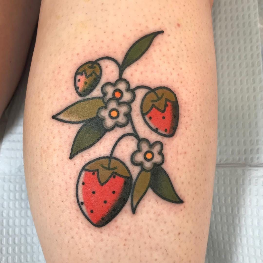 Pretty traditional strawberry tattoo for my grandma Done by Rudy at state  street tattoo in Salem Ohio  rtattoos