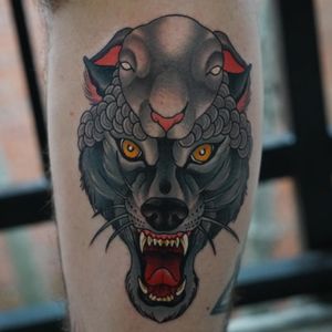 Neo traditional wolf in sheeps colthing by Mason Chimato of Red Dagger tattoo in Houston Tx #wolfinsheepsclothing #neotraditional #wolf 