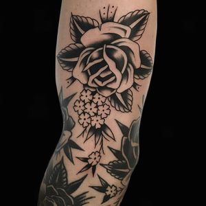 Tattoo by Alex Zampirri #AlexZampirri #planttattoos #planttattoo #plant #nature #traditional #blackandgrey #rose #flowers #floral #leaves
