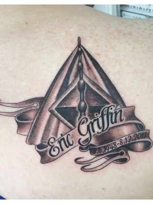 Harry Potter's Deathly Hallows with my dads name, birth date and death date. Artist is Dimas Reyes in Sarasota, Florida at kingdom studio.