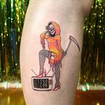 Tattoo by Lolli #Lolli #reapertattoo #reaper #grimreaper #skeleton #skull #death #pinup #tv #television #pinup #sexy #babe #highheels #legs #scythe #funny #funnytattoo