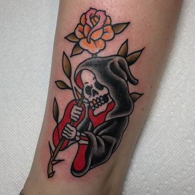 Tattoo by Tony Trustworthy Talbert #TonyTalbert #reapertattoo #reaper #grimreaper #skeleton #skull #death #traditional #color #rose #flower #floral #leaves