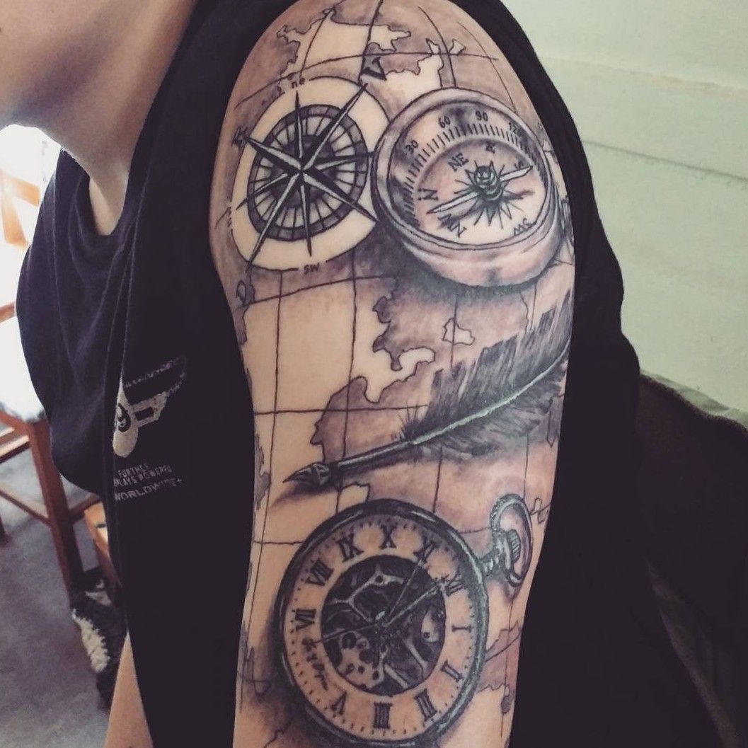 Más Sabor pegamento Tattoo uploaded by Gabo Mujik • #Pluma #brujula #reloj #relojdebolsillo  #mapa #viaje #brazo • Tattoodo