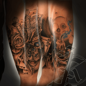 Neo traditional skull, rose, crown and candle half sleeve