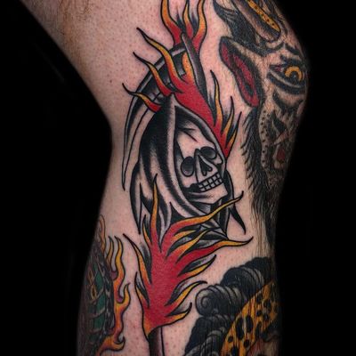 Tattoo by Antonio Roque #AntonioRoque #reapertattoo #reaper #grimreaper #skeleton #skull #death #color #blackandgrey #scythe #fire #traditional