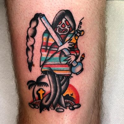 Tattoo by Jason Ochoa #JasonOchoa #reapertattoo #reaper #grimreaper #skeleton #skull #death #bong #tequila #cocktail #cross #sunset #color #traditional