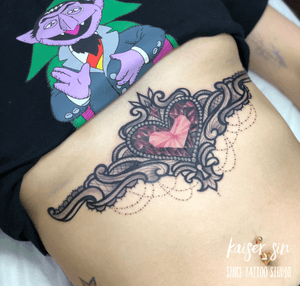 Underboob heart crystal with lace,Original design and tattoo by Kaiser Sin at Since Tattoo Studio Hong Kong #underboob #heart #lace #crystal 
