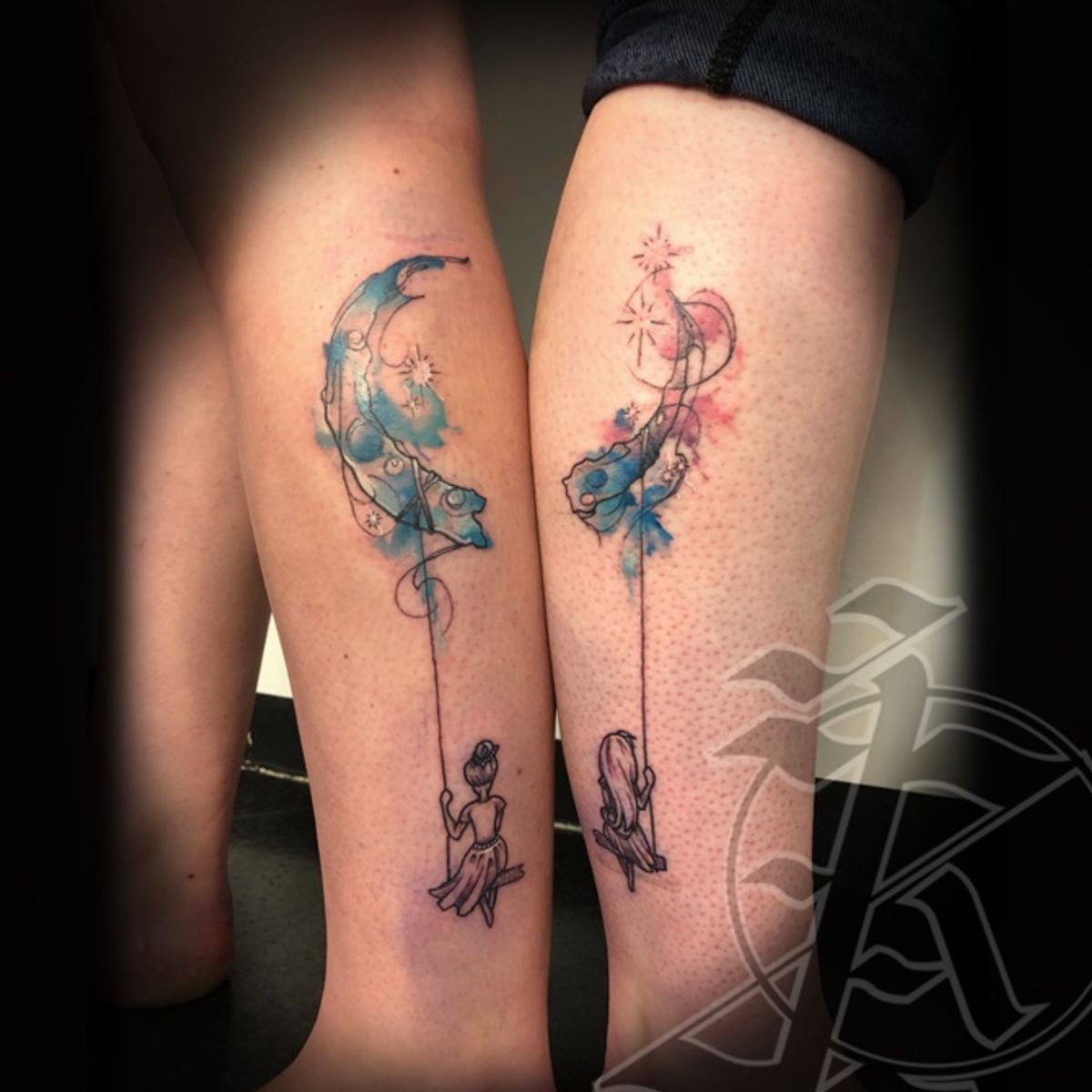 Tattoo uploaded by Kyle • Sisters matching wayer colour calf