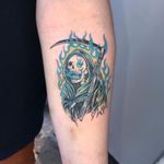 Tattoo by Mick Hee #MickHee #reapertattoo #reaper #grimreaper #skeleton #skull #death #illustrative #fire #scythe #color