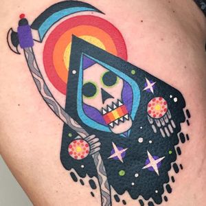 Tattoo by Winston the Whale #WinstontheWhale #reapertattoo #reaper #grimreaper #skeleton #skull #death #color #newschool #stars #surreal #psychedelic #scythe