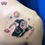 Tattoo by Jess Koala #JessKoala #reapertattoo #reaper #grimreaper #skeleton #skull #death #illustrative #bold #planets #stars #galaxy #glitter #ignorantstyle