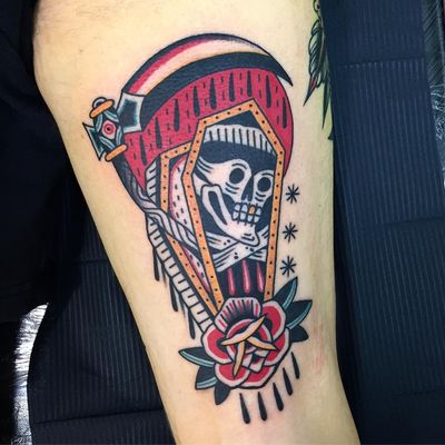Tattoo by Almagro #Almagro #AlmagroTattooer #reapertattoo #reaper #grimreaper #skeleton #skull #death #color #coffin #newschool #traditional #scythe #rose #flower #floraltattoo