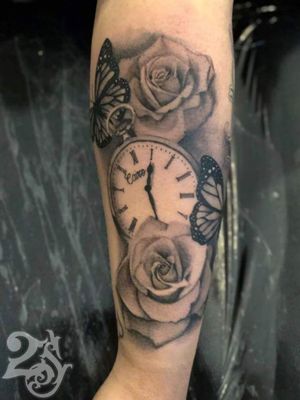 #clocktattoo #blackandgrey #butterflytattoo #rose #RoseTattoos #timepiecetattoo 