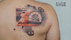 Design and tattoo by Alfio...#clock #dotwork #time #blackandgrey #travel  #tattoolife  #tattooargentina #alfiotattoo #design #designtattoo #originaltattoo #colortattoo #collage