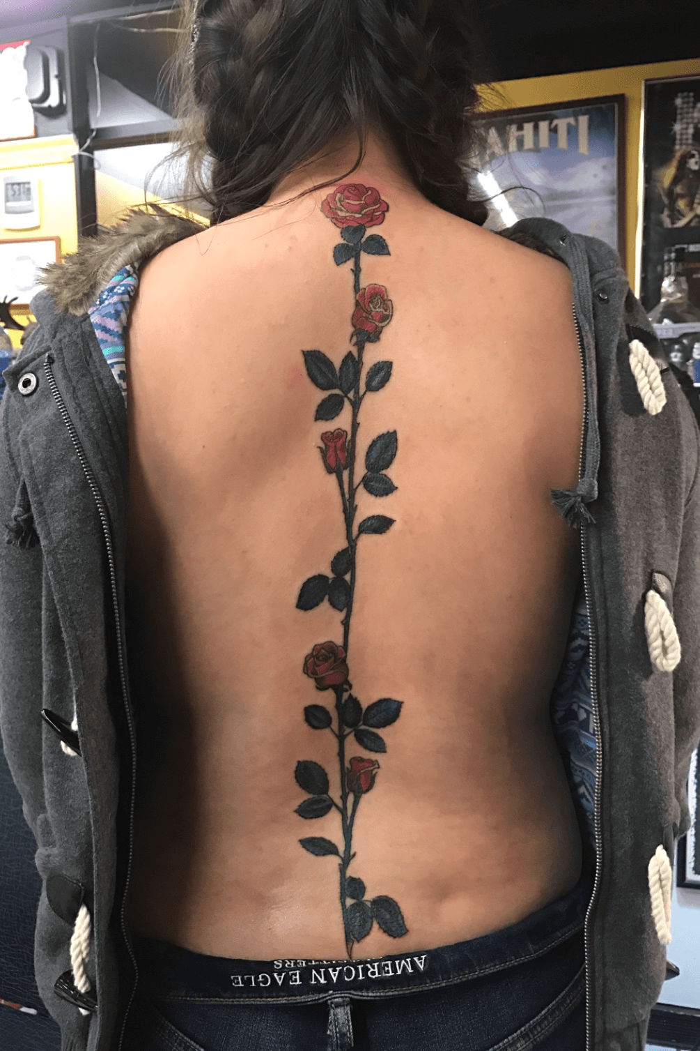 Floral spine tattoo I did last week  she was one tough cookie   rTattooDesigns