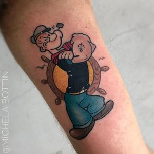 Tattoo by Michela Bottin #MichelaBottin #cartoontattoos #cartoon #oldschool #vintage #oldtv #Popeye #color #shipwheel #anchor #sailor